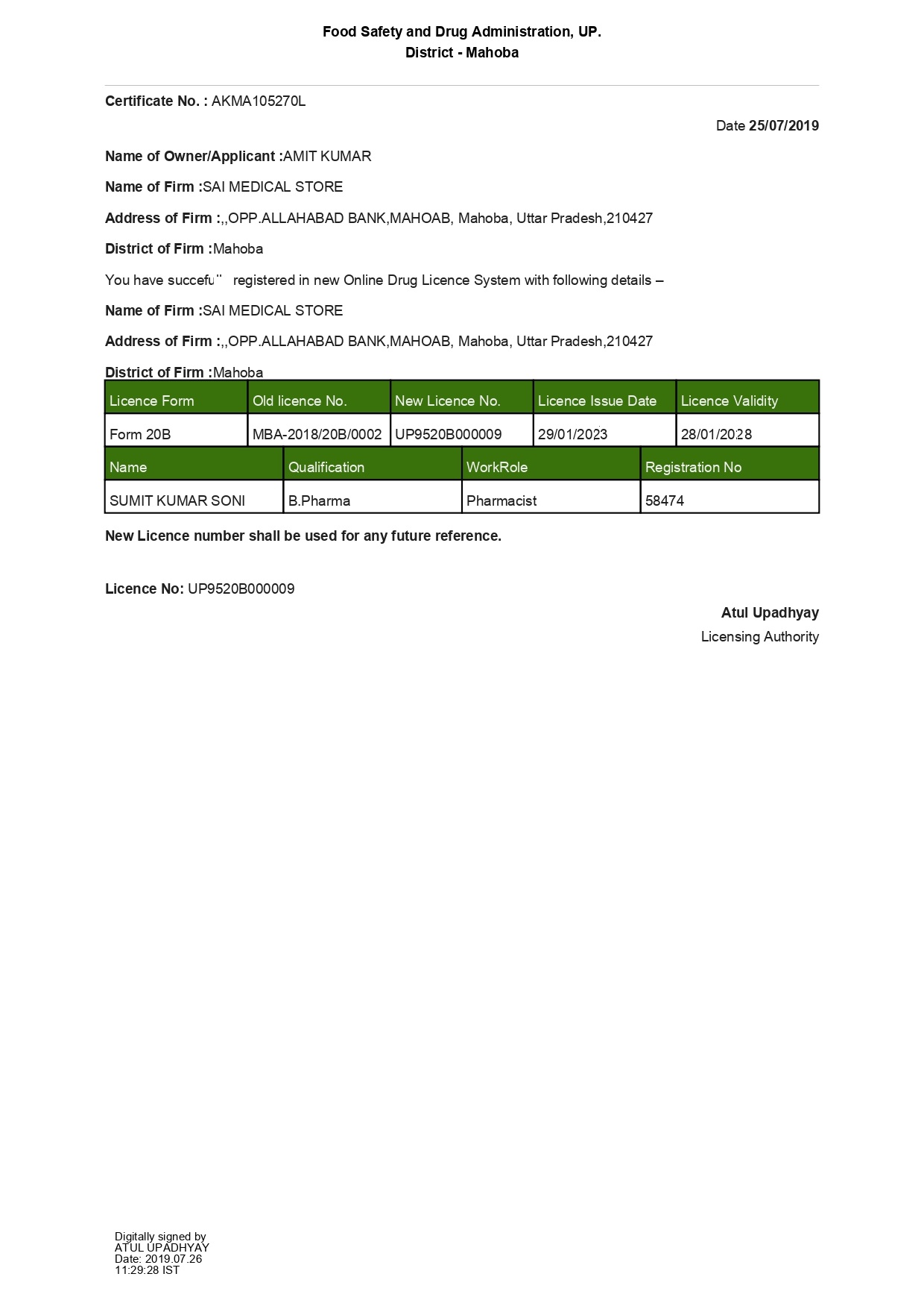 Drug Licence Form 20B